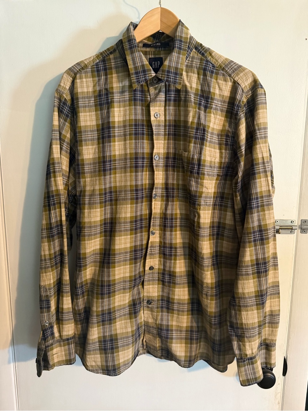 Vintage GAP Men's Olive Plaid Button-Up Shirt, Size Large